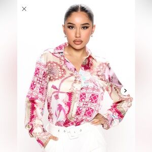 Fashion Nova Spending Spree Satin Button Down Blouse | Pink/Combo